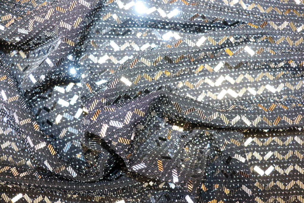 Black Lurex Sequin Fabric Silver Chevron All Way Stretch