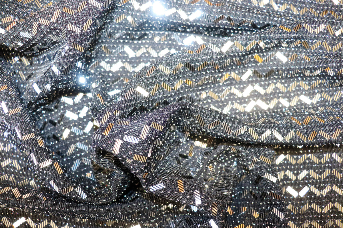 Black Lurex Sequin Fabric Silver Chevron All Way Stretch