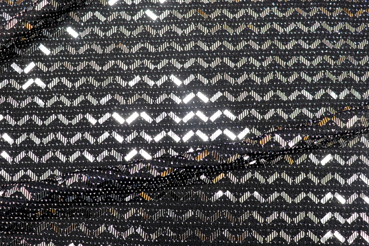 Black Lurex Sequin Fabric Silver Chevron All Way Stretch