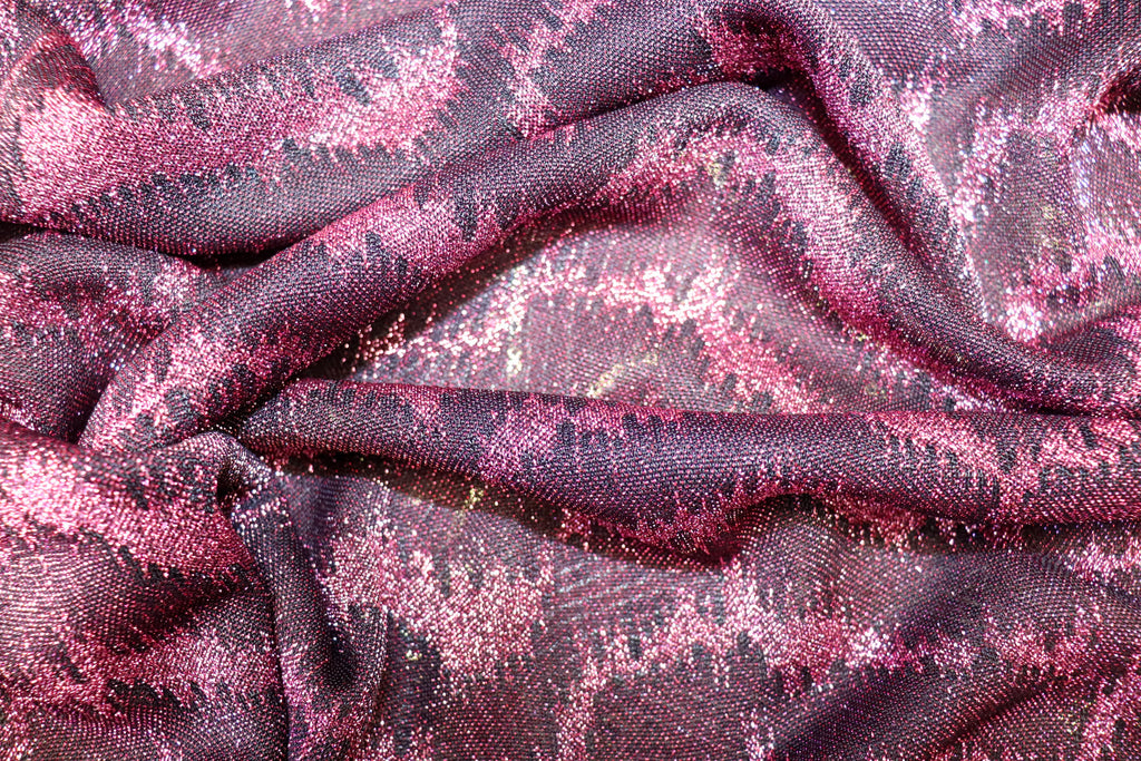 Pink Glitter Lurex Fabric Abstract Wave All Way Stretch