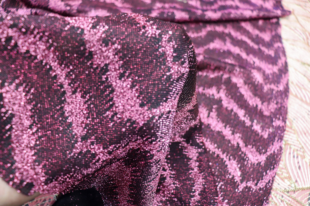 Pink Glitter Lurex Fabric Abstract Wave All Way Stretch