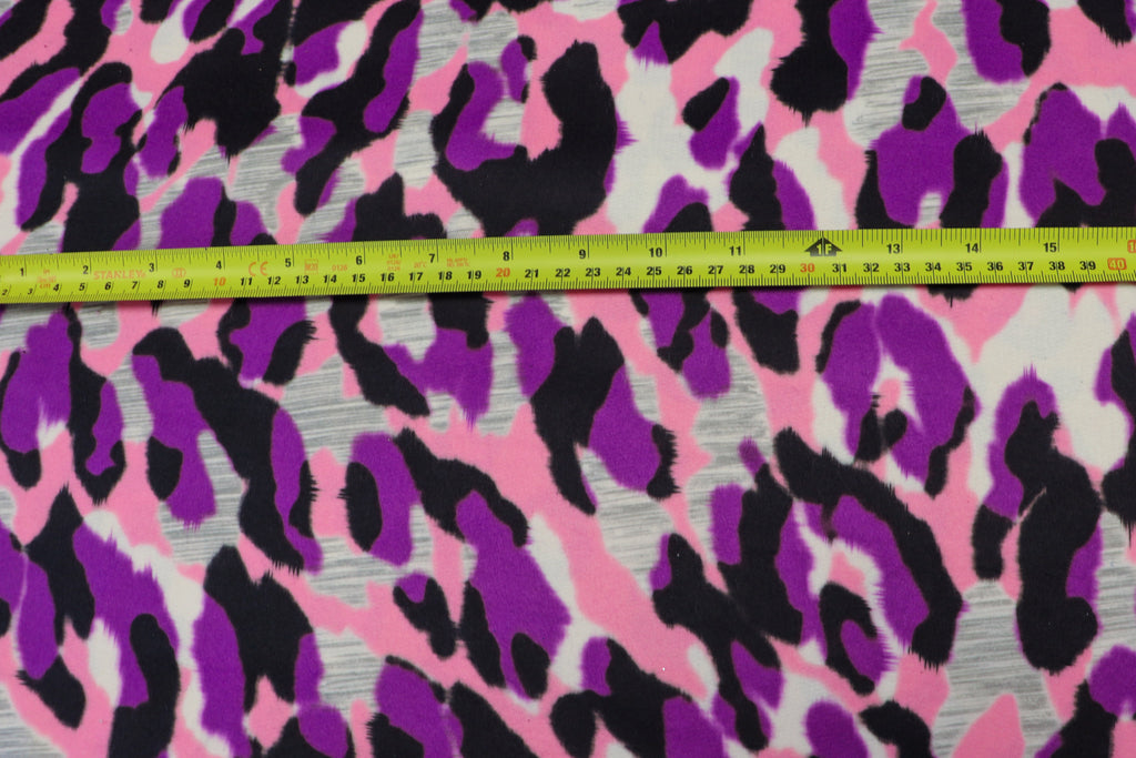 Pink Purple Leopard Fleece Fabric Grey Brushed Finish