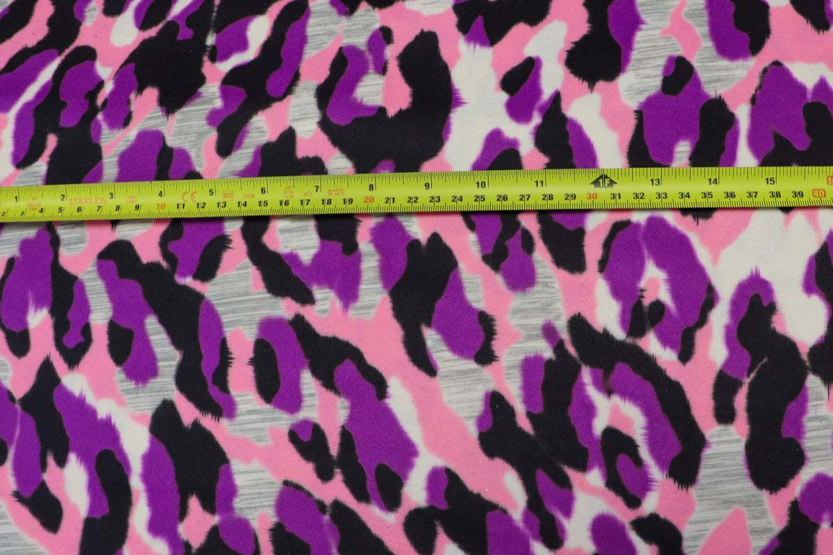 Pink Purple Leopard Fleece Fabric Grey Brushed Finish