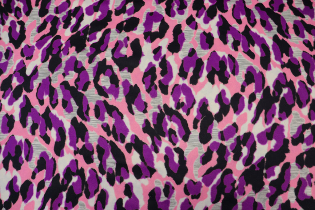 Pink Purple Leopard Fleece Fabric Grey Brushed Finish
