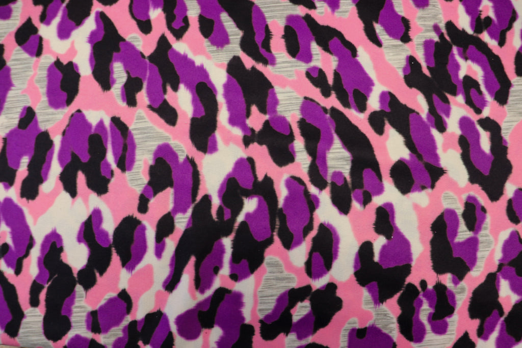 Pink Purple Leopard Fleece Fabric Grey Brushed Finish