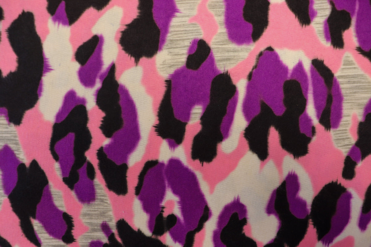Pink Purple Leopard Fleece Fabric Grey Brushed Finish