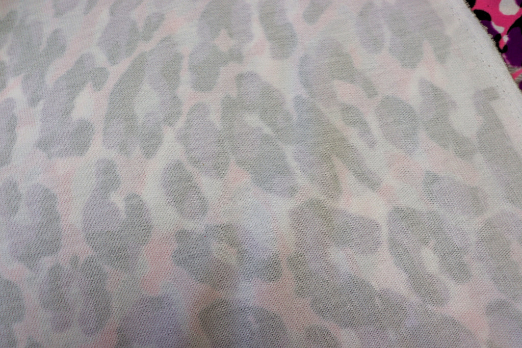 Pink Purple Leopard Fleece Fabric Grey Brushed Finish