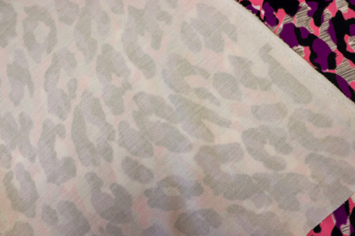 Pink Purple Leopard Fleece Fabric Grey Brushed Finish