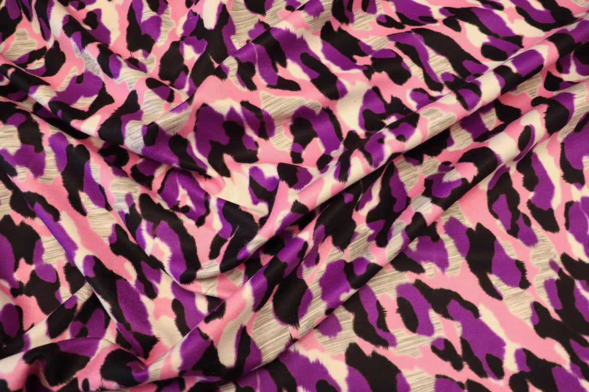 Pink Purple Leopard Fleece Fabric Grey Brushed Finish