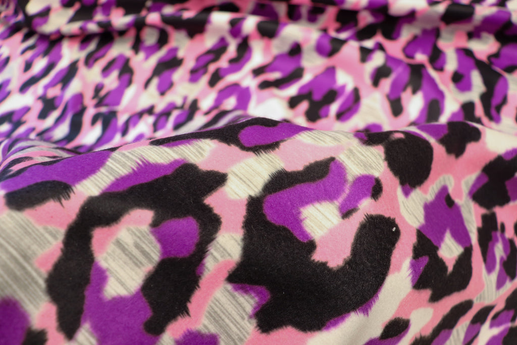 Pink Purple Leopard Fleece Fabric Grey Brushed Finish