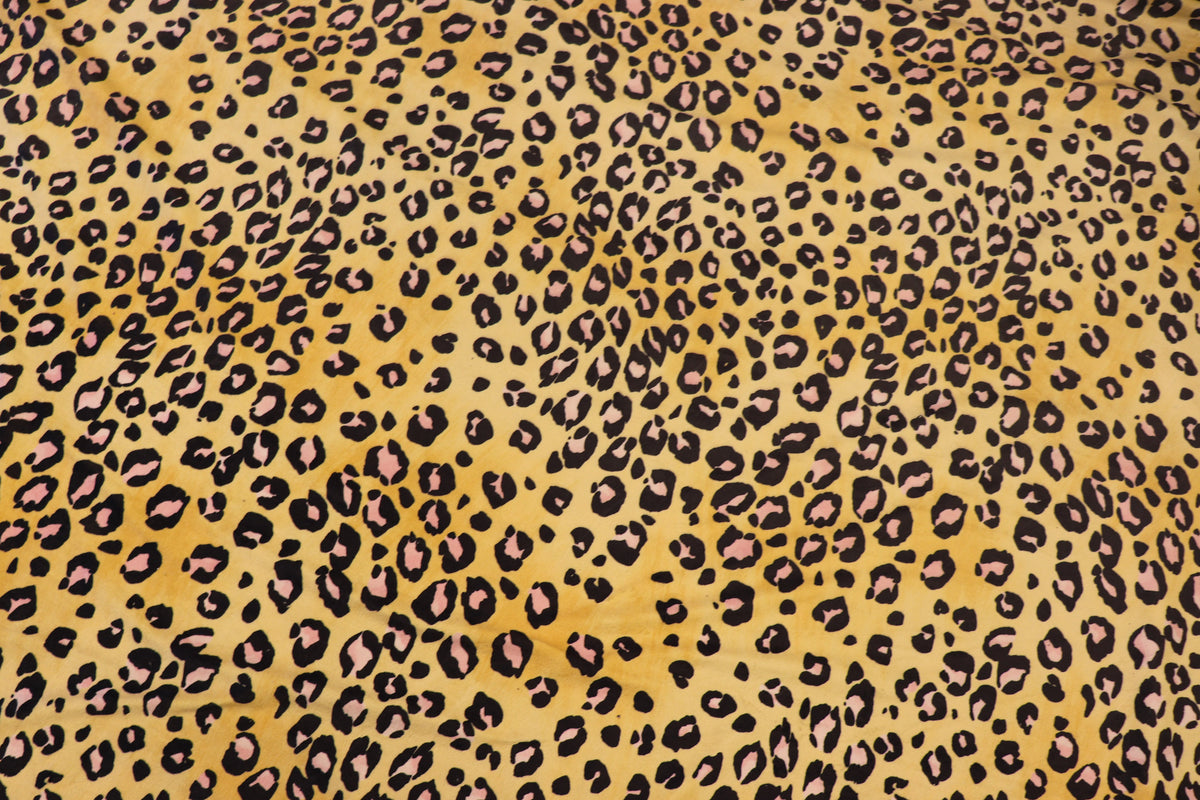 Golden Leopard Fleece Fabric Pink Black Spots with Stretch