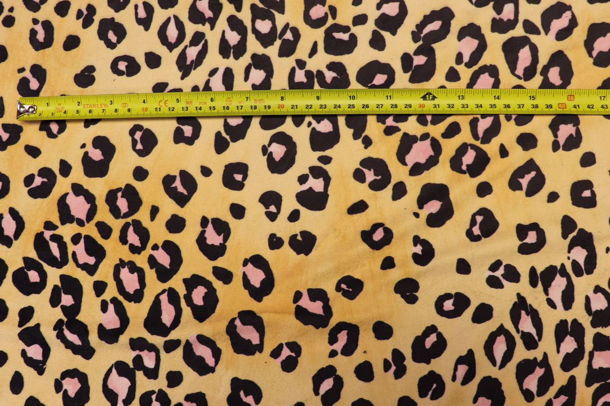 Golden Leopard Fleece Fabric Pink Black Spots with Stretch