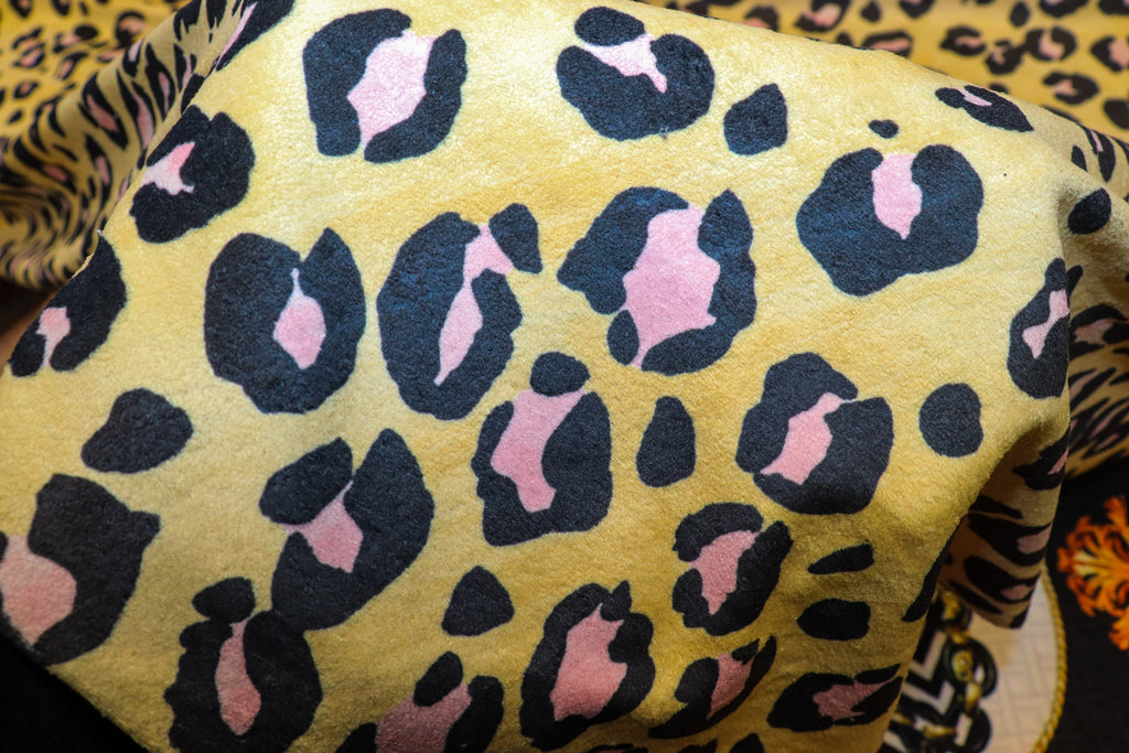 Golden Leopard Fleece Fabric Pink Black Spots with Stretch