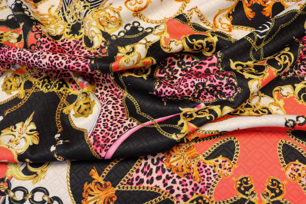 Gold Pink Leopard Jacquard Fabric Brocade Diamond Stretch