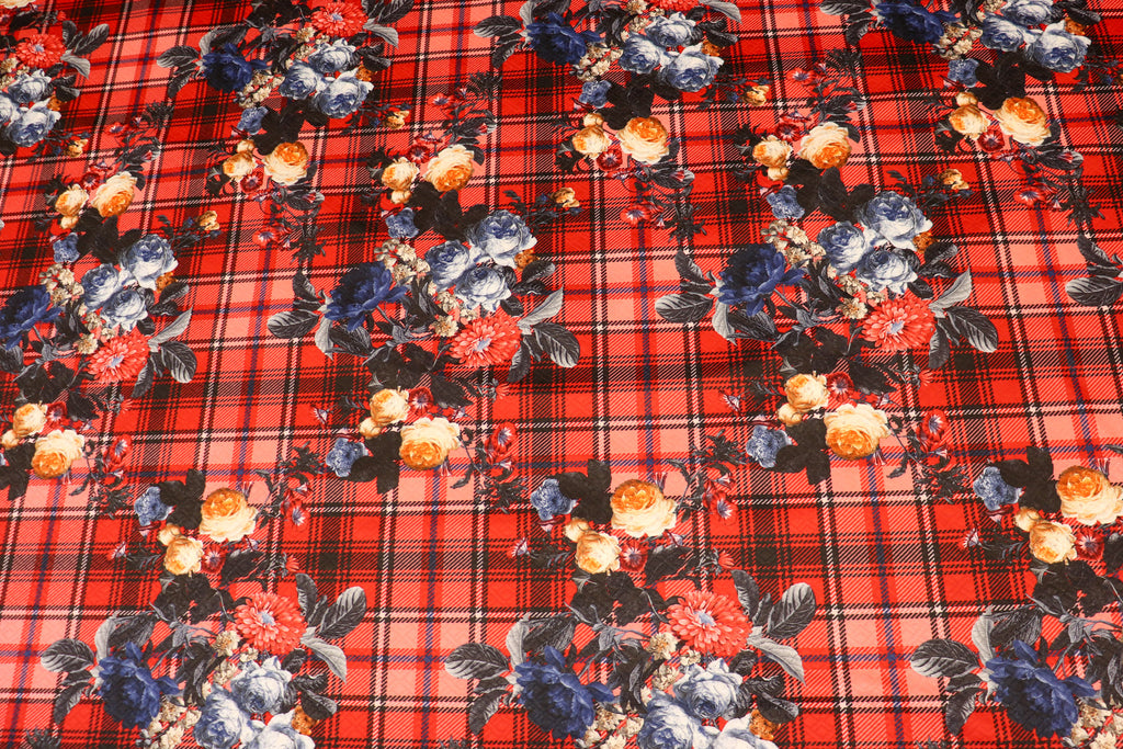 Red Tartan Floral Jacquard Fabric Diamond Stretch Rose Design