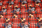 Red Tartan Floral Jacquard Fabric Diamond Stretch Rose Design