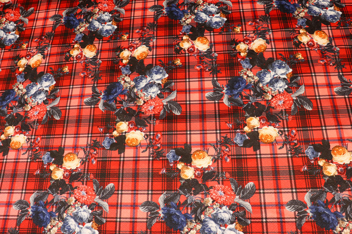Red Tartan Floral Jacquard Fabric Diamond Stretch Rose Design