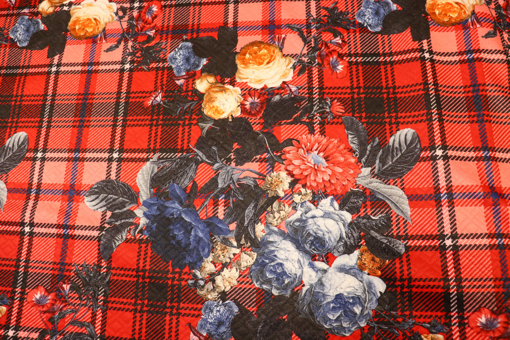 Red Tartan Floral Jacquard Fabric Diamond Stretch Rose Design
