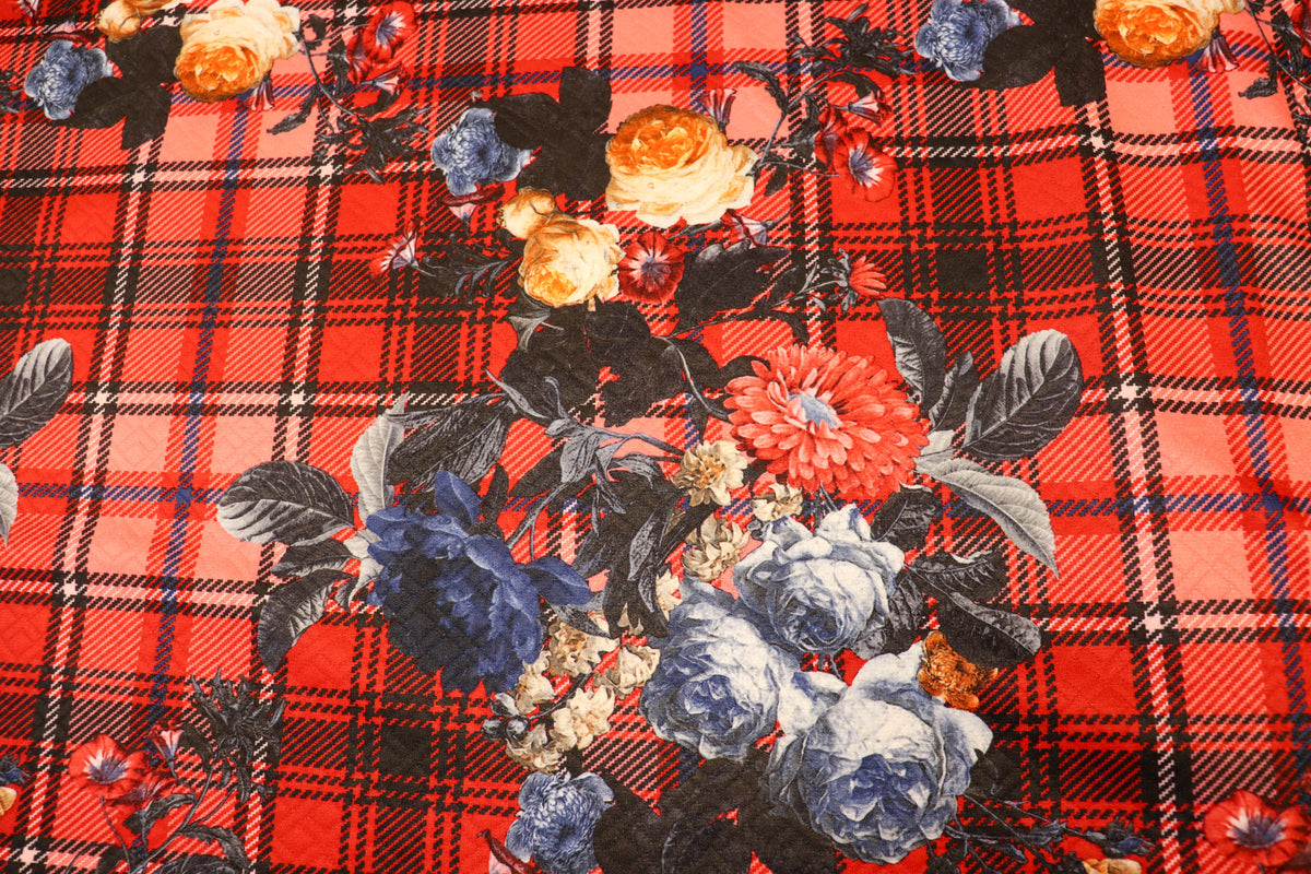 Red Tartan Floral Jacquard Fabric Diamond Stretch Rose Design
