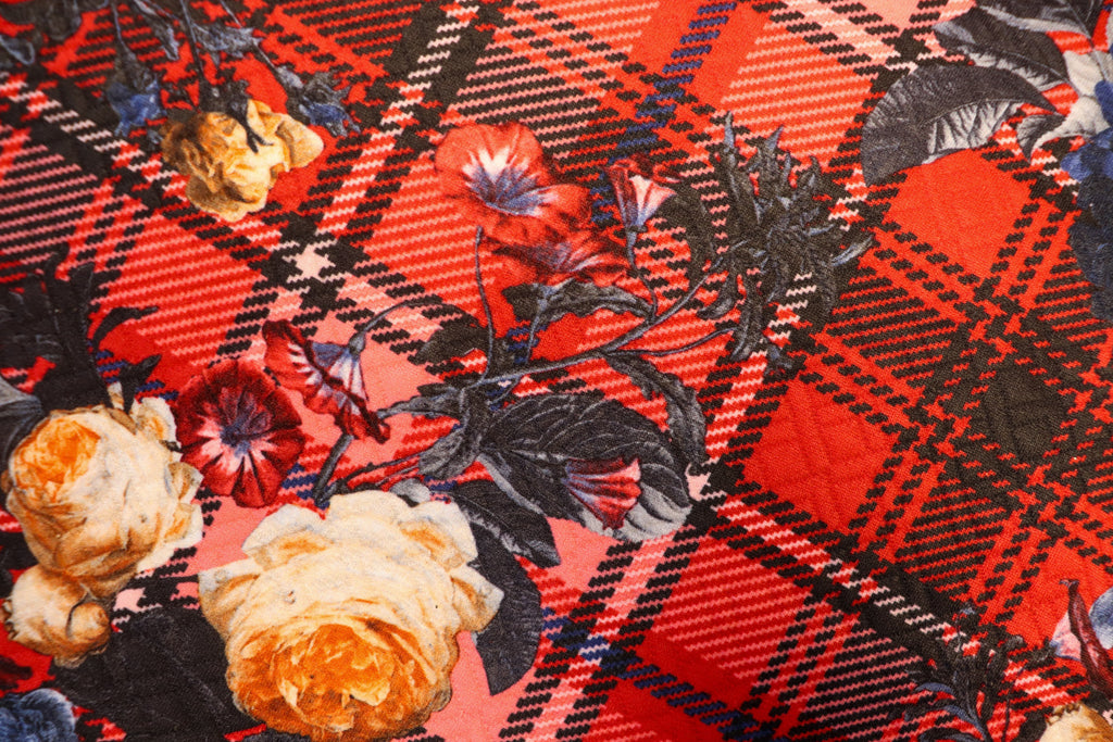 Red Tartan Floral Jacquard Fabric Diamond Stretch Rose Design