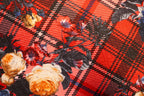 Red Tartan Floral Jacquard Fabric Diamond Stretch Rose Design