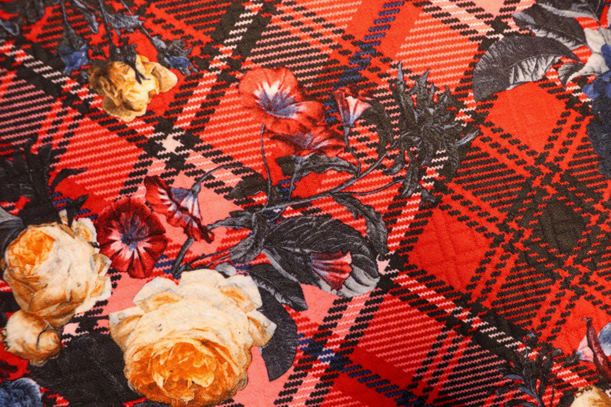 Red Tartan Floral Jacquard Fabric Diamond Stretch Rose Design