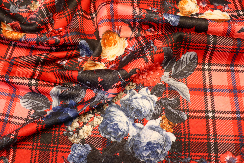 Red Tartan Floral Jacquard Fabric Diamond Stretch Rose Design