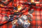 Red Tartan Floral Jacquard Fabric Diamond Stretch Rose Design