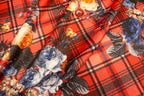 Red Tartan Floral Jacquard Fabric Diamond Stretch Rose Design
