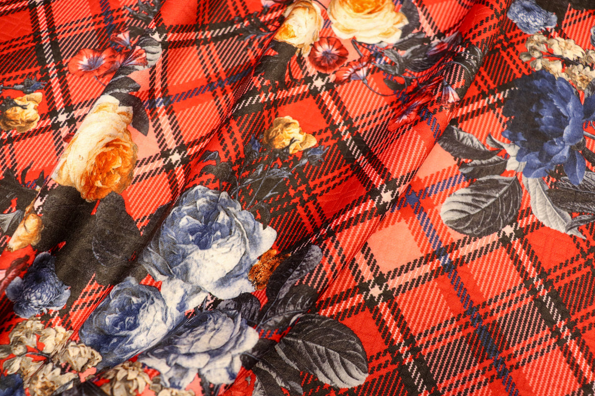 Red Tartan Floral Jacquard Fabric Diamond Stretch Rose Design