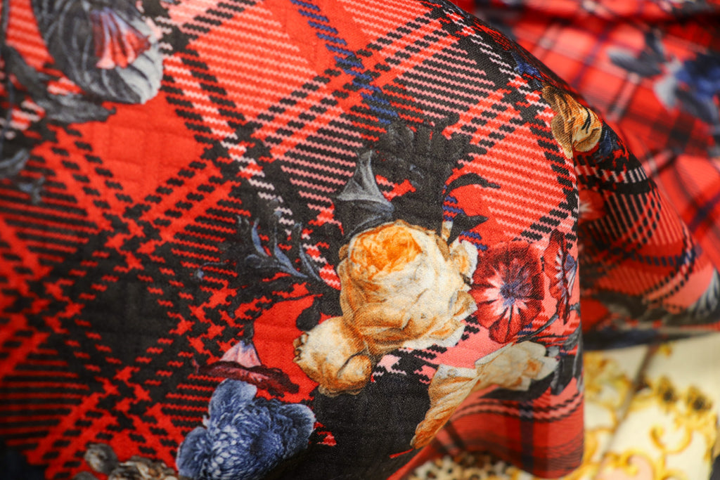 Red Tartan Floral Jacquard Fabric Diamond Stretch Rose Design
