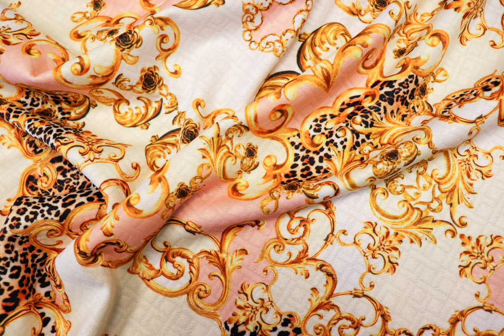 Animal Brocade Jacquard Fabric Gold Pink Diamond Stretch
