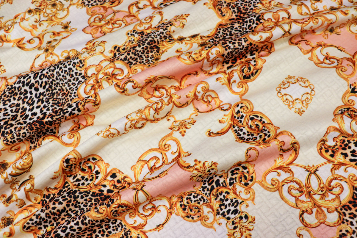 Animal Brocade Jacquard Fabric Gold Pink Diamond Stretch