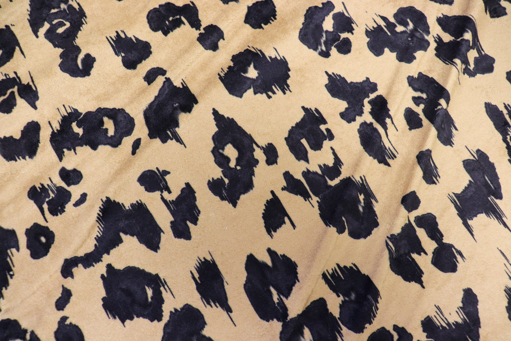 Camel Leopard Fleece Fabric Black Spots with Stretch