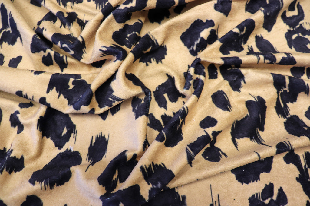 Camel Leopard Fleece Fabric Black Spots with Stretch