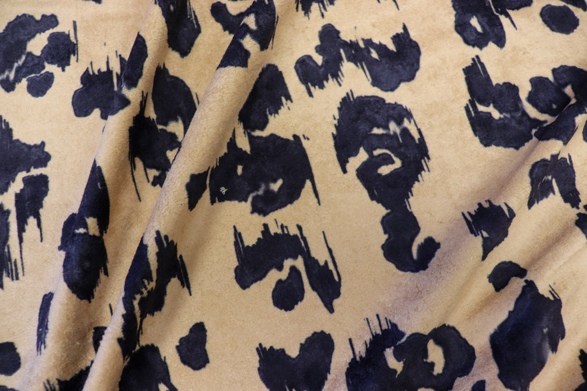 Camel Leopard Fleece Fabric Black Spots with Stretch