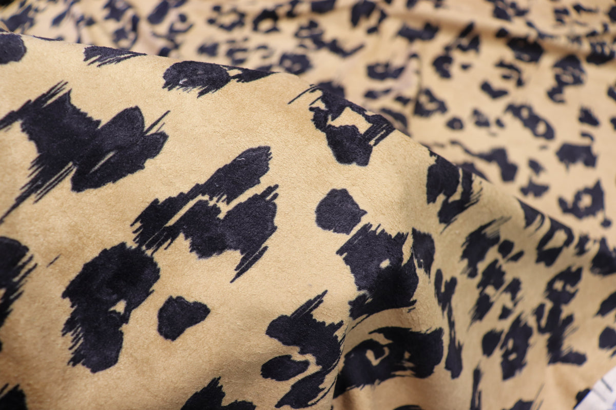 Camel Leopard Fleece Fabric Black Spots with Stretch