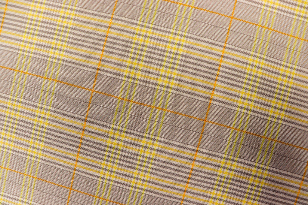Grey Tartan Bengaline Fabric Yellow Orange Lines
