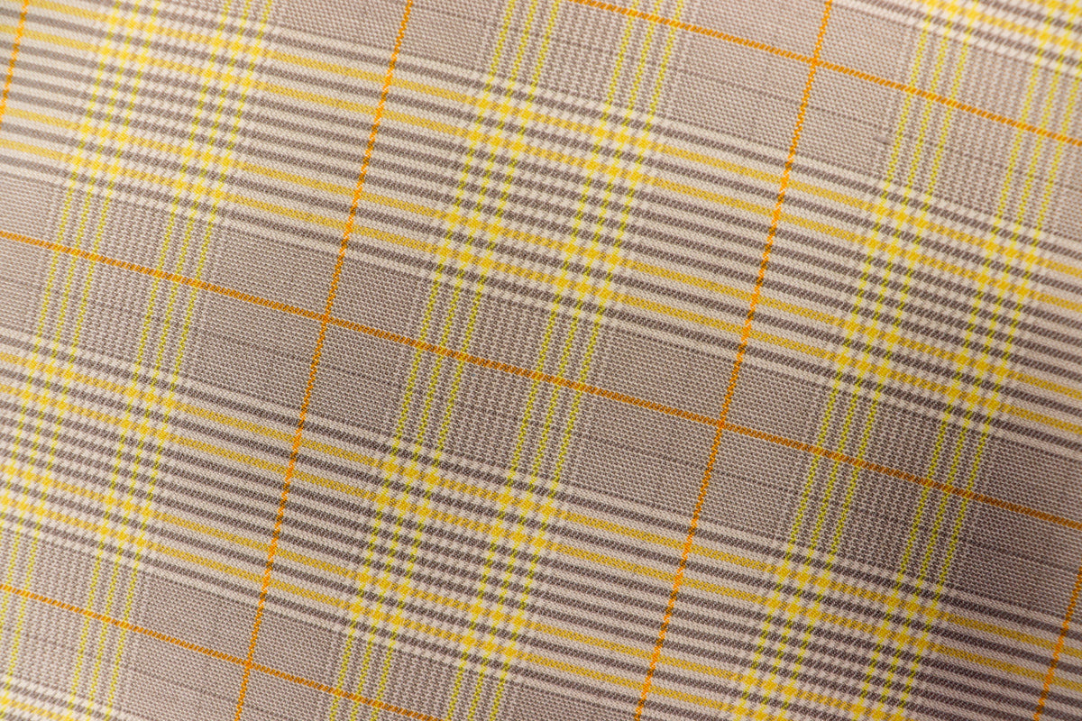 Grey Tartan Bengaline Fabric Yellow Orange Lines