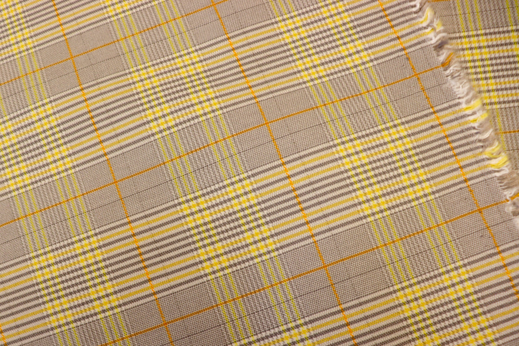 Grey Tartan Bengaline Fabric Yellow Orange Lines