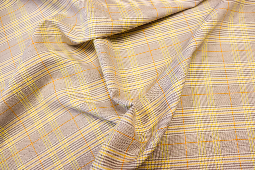 Grey Tartan Bengaline Fabric Yellow Orange Lines