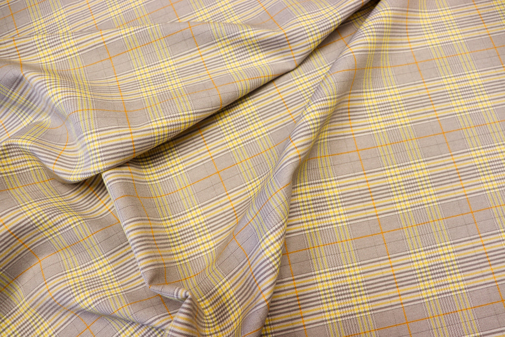 Grey Tartan Bengaline Fabric Yellow Orange Lines