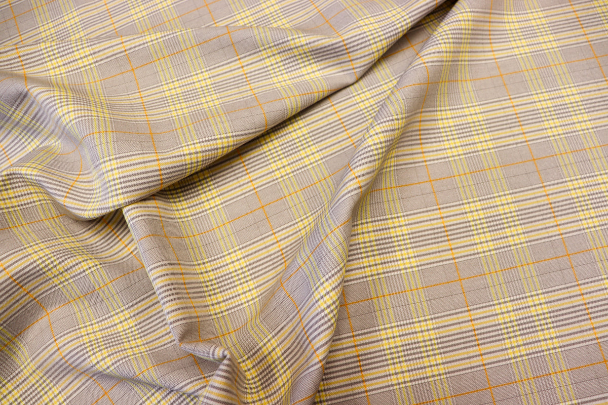 Grey Tartan Bengaline Fabric Yellow Orange Lines
