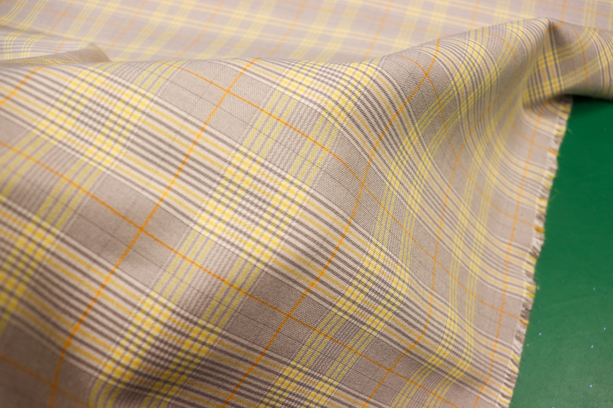 Grey Tartan Bengaline Fabric Yellow Orange Lines