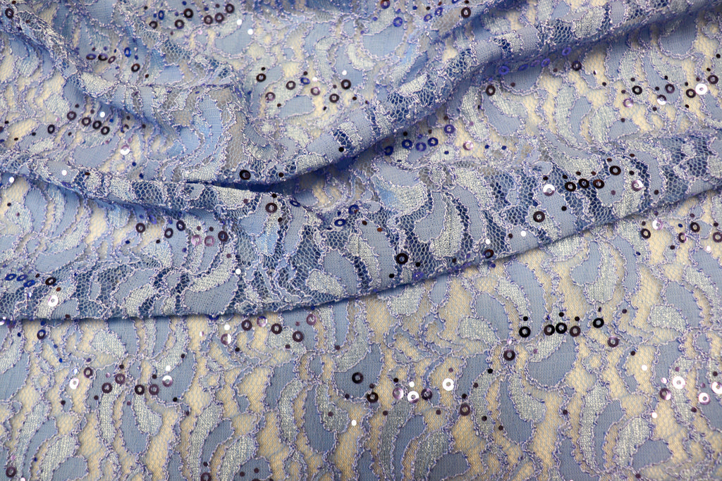 Light Blue Floral Lace Fabric with Sequins