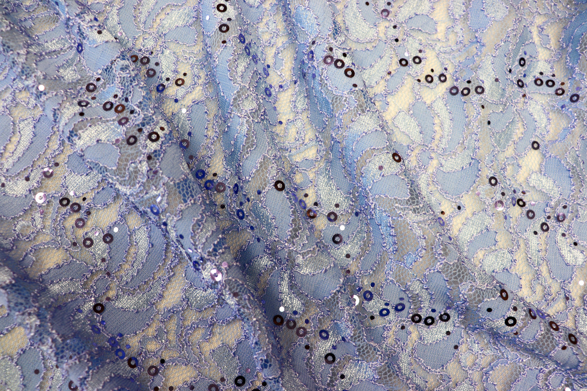 Light Blue Floral Lace Fabric with Sequins