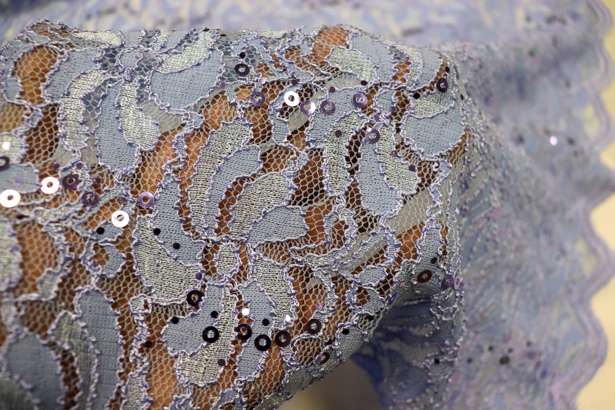 Light Blue Floral Lace Fabric with Sequins