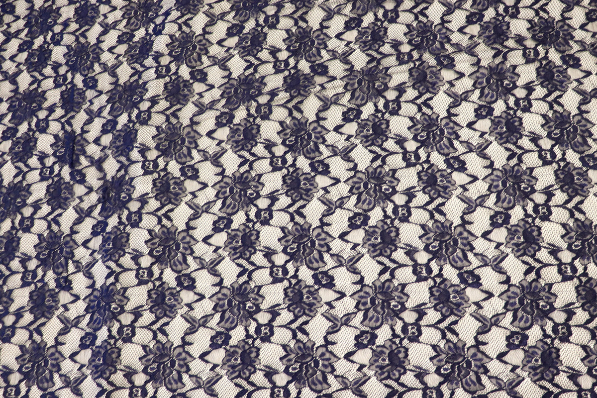 Navy Floral Mesh Lace Fabric Large Flower Design