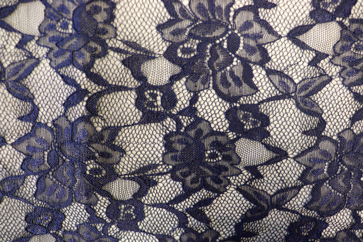 Navy Floral Mesh Lace Fabric Large Flower Design
