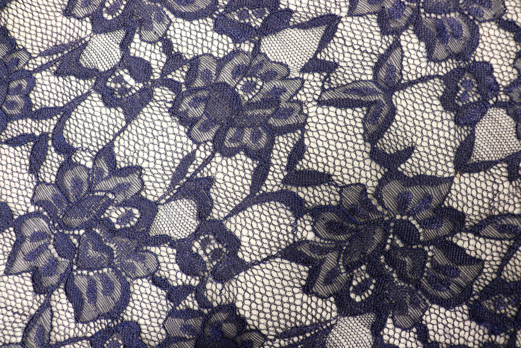 Navy Floral Mesh Lace Fabric Large Flower Design